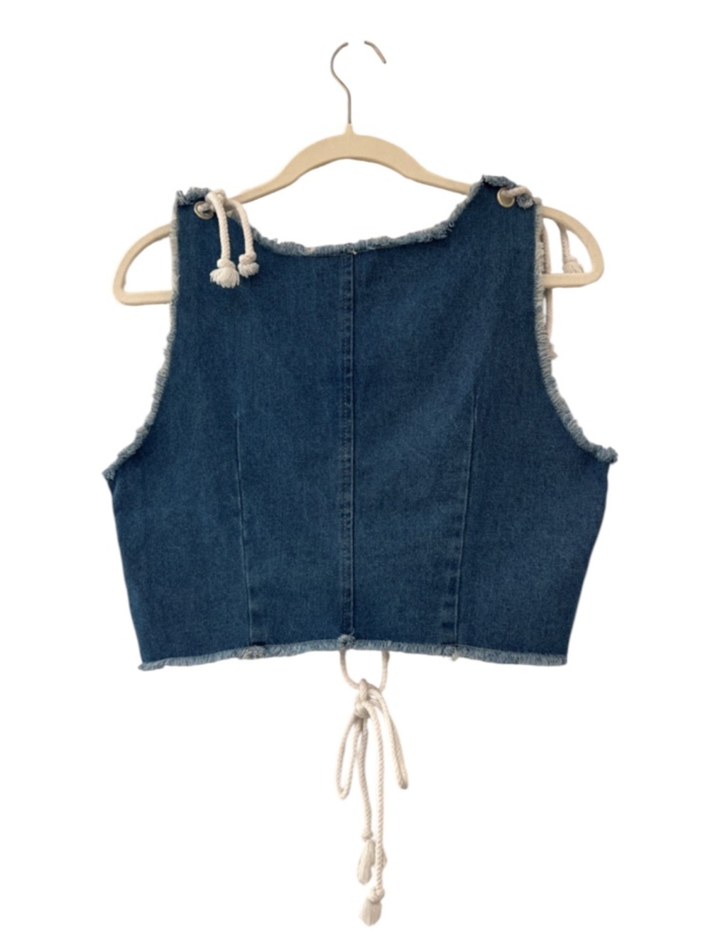 SHEIN Lace-Up Denim Crop Vest Grommet Shoulder Detail Raw Hem - Picture 3 of 7
